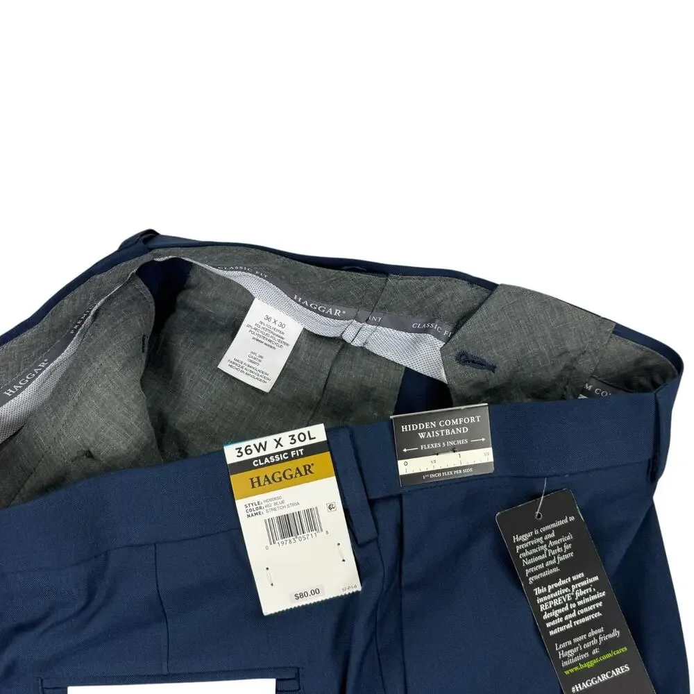Haggar Mens Premium Comfort Classic Fit Flat Front Dress Pants Blue 36x30